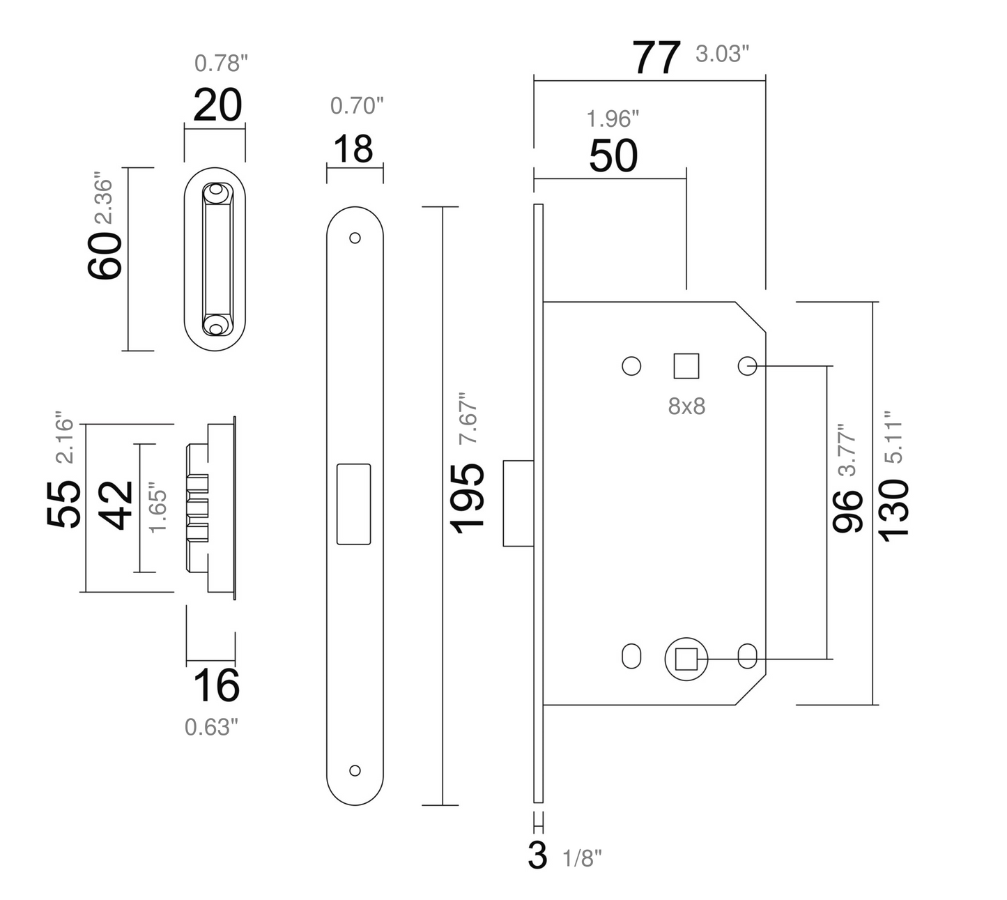 Magnetic mortise Latch - passage / privacy